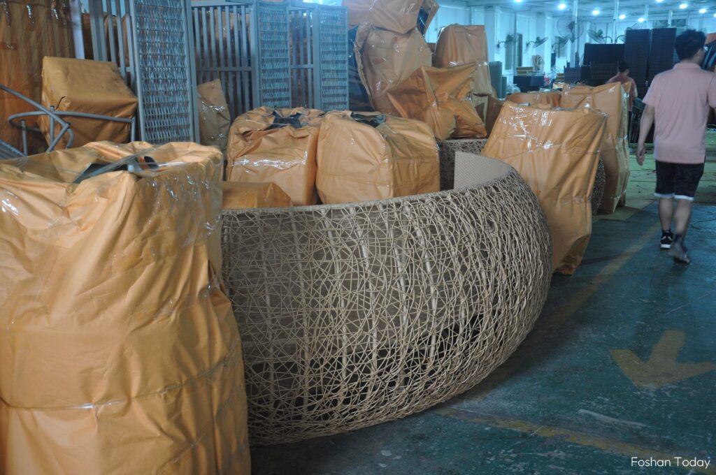 Rattan furniture is stored in the warehouse